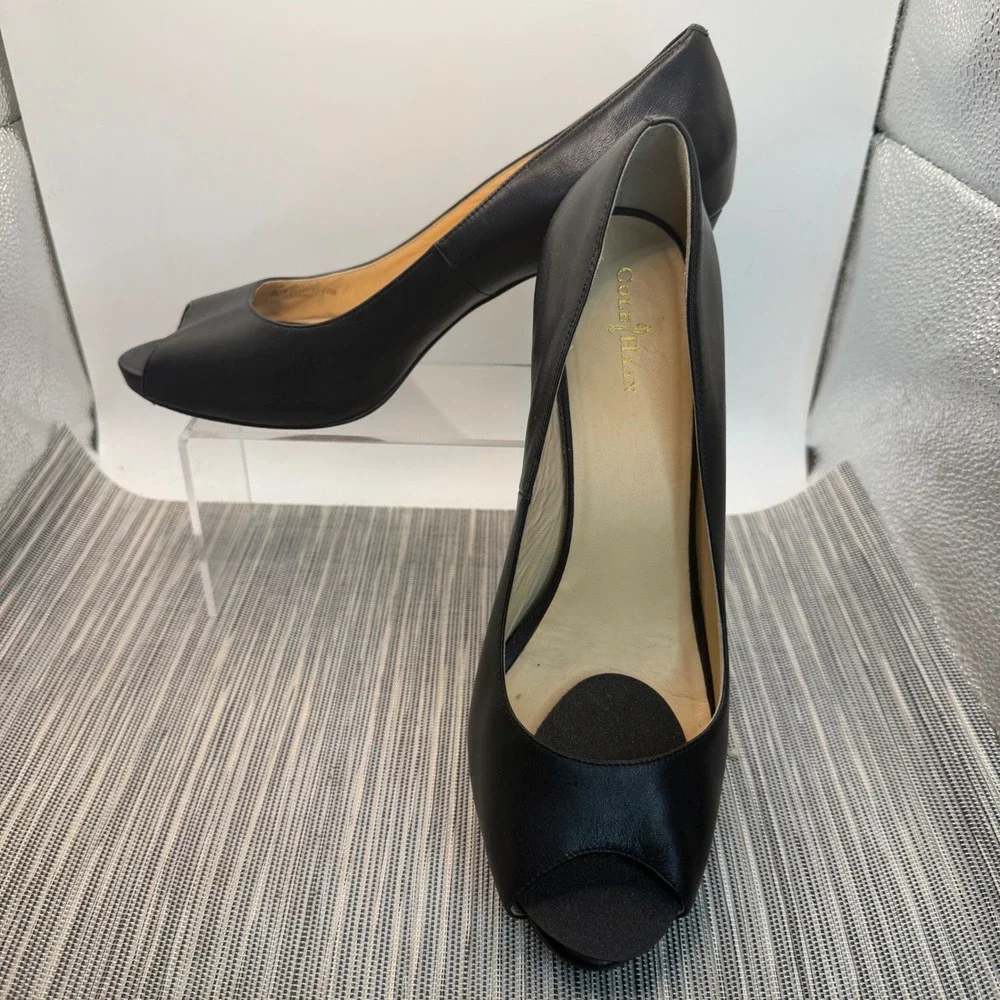 Cole Haan Chelsea Peep Toe Pumps Size 10B Black‎ Leather Platform Stiletto Heels